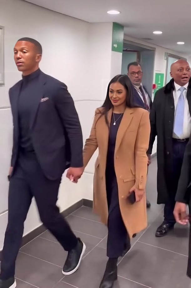 Tlhopie Motsepe with his fiancee and his father Patrice Motsepe following behind.